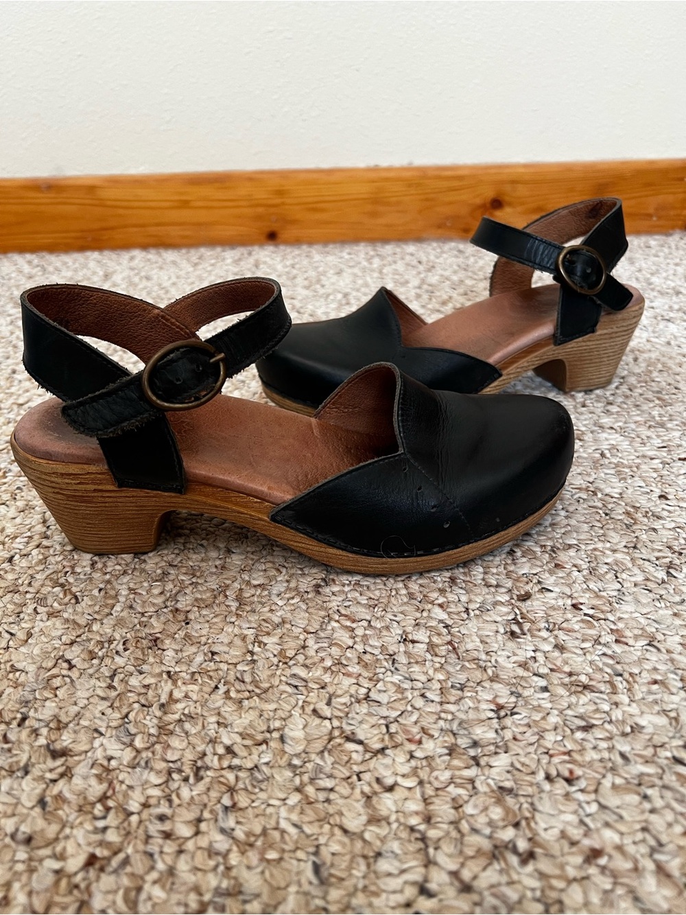 Dansko Black Leather Mary Jane Sandals with Wood-Tone Heel